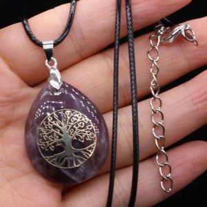 Tree Of Life Faux Purple Jade Detail Stone Water Drop Charm Necklace